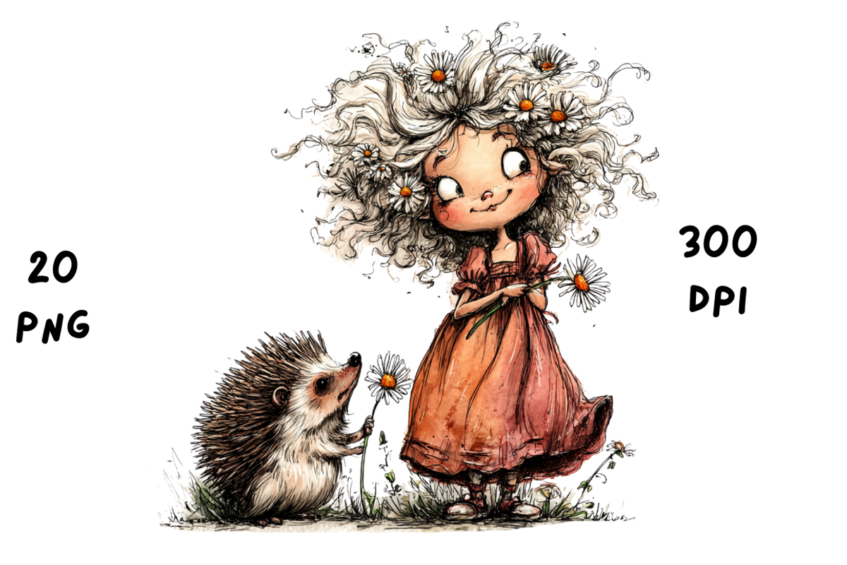 Whimsical Floral Girl & Hedgehog, an Animal Illustration by GiraffeCreative (Photo 9 of 20)