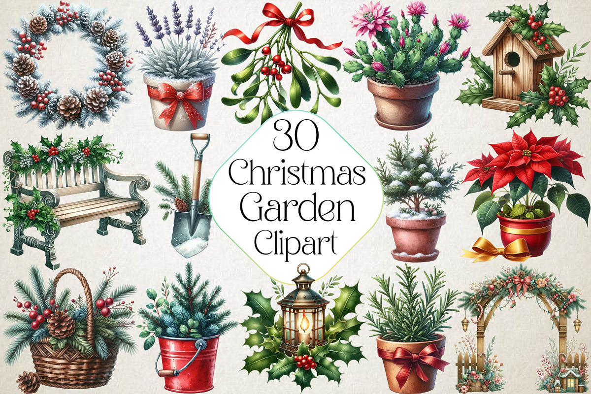 Christmas Garden Watercolor Clipart, an Illustration by DreamPrint404 (Photo 1 of 5)