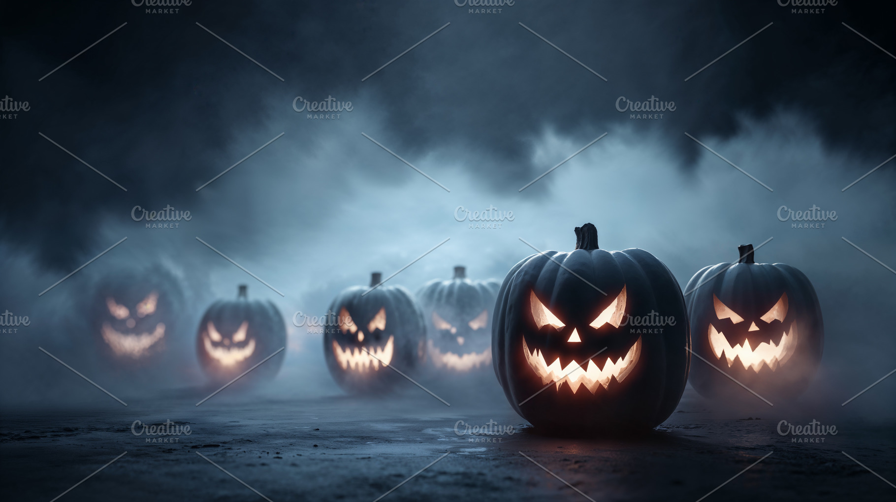 Creative Halloween jack-o'-lanterns glowing in misty atmosphere, a Holiday Photo by OSORIOartist