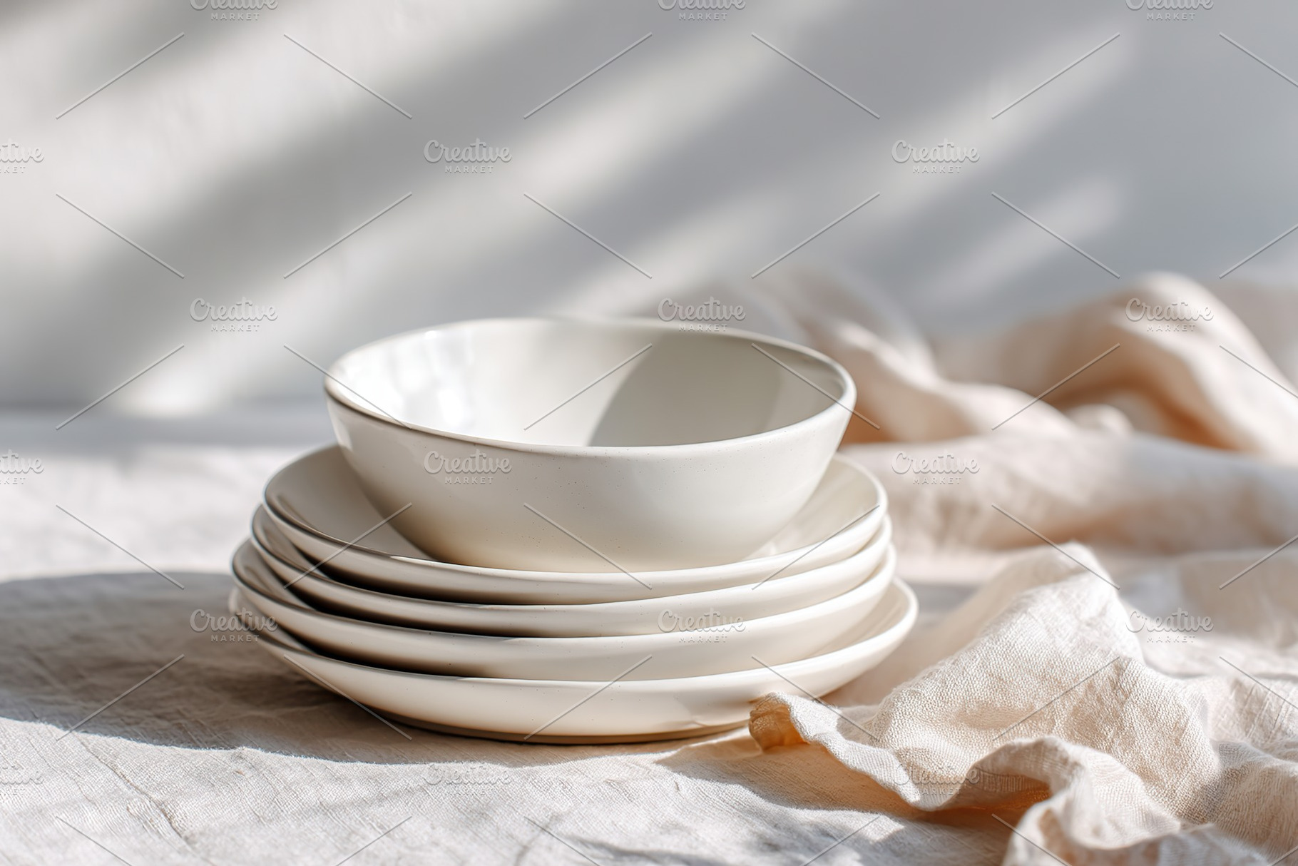 Matte white dishware stacked elegantly in soft light on a neutral table setting, a Photo by AlyaAnd