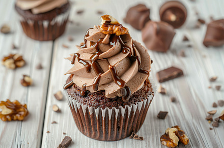 Chocolate cupcake with whipped cream and walnut on wooden table, a Food & Drink Photo by AlyaAnd