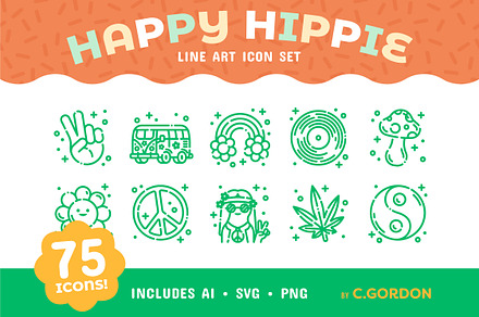 Happy Hippie Line Art Icon Set