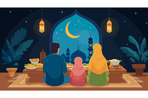 Family iftar back view. Muslim, an Illustration by Stock-Smart-Start