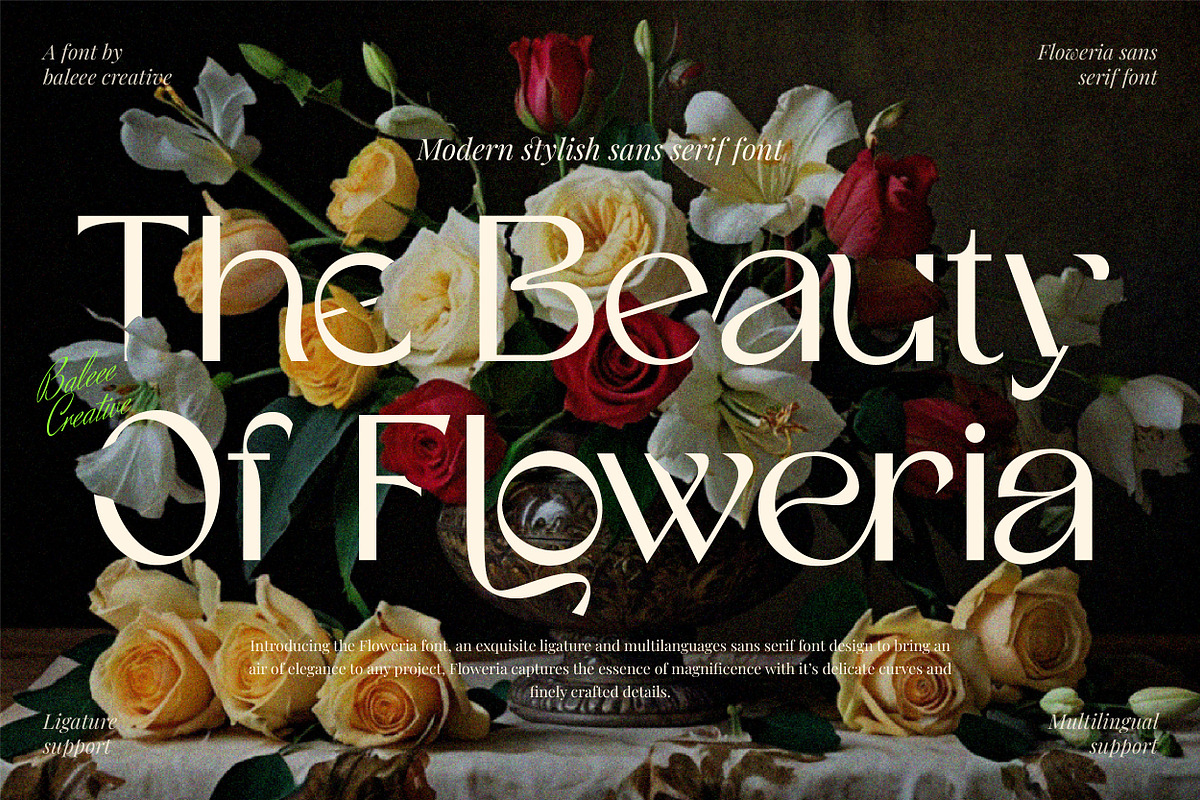 Floweria - Beauty Sans Serif Font, a Sans Serif Font by Baleee (Photo 1 of 17)