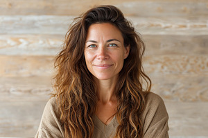 Middle-aged woman with long wavy hair smiling warmly against a rustic wooden ba, a Person Photo by AlyaAnd