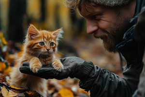 A man in outdoor clothing gently holds a small orange tabby kitten in his glove, an Animal Photo by Textures & Backgrounds