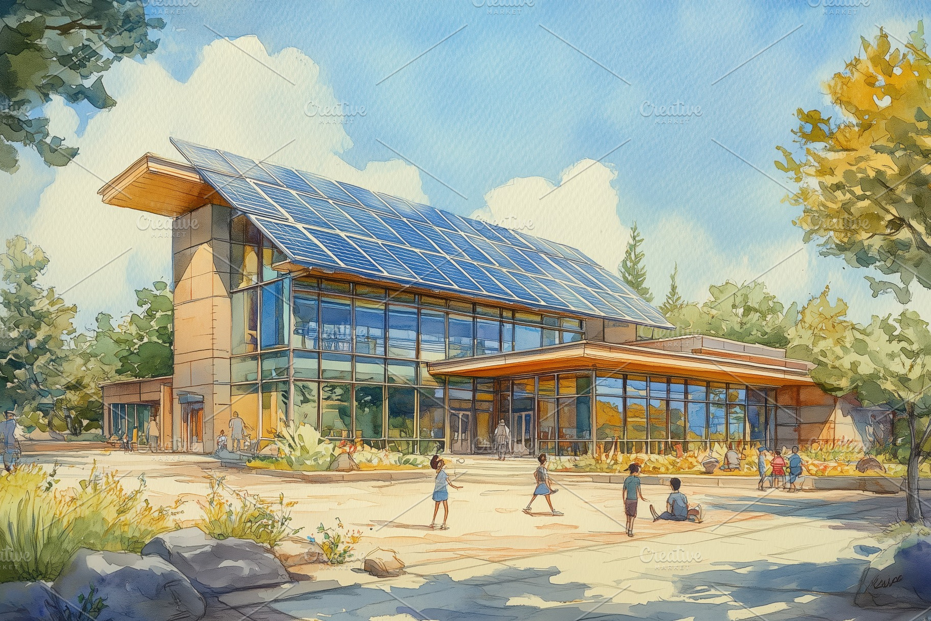 A modern eco-friendly building with solar panels on the roof, surrounded by tre, a Transportation Photo by Textures & Backgrounds