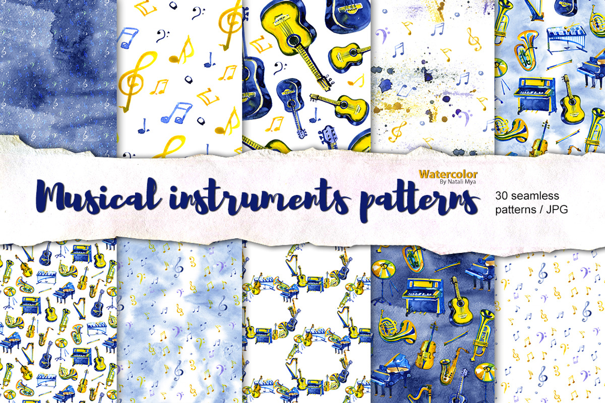 Watercolor musical patterns, a Pattern Graphic by NataliMiasStore (Photo 1 of 6)