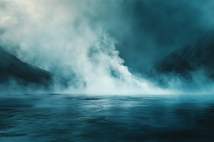 A serene landscape featuring a misty lake surrounded by mountains. The atmosphe, a Nature Photo by Textures & Backgrounds