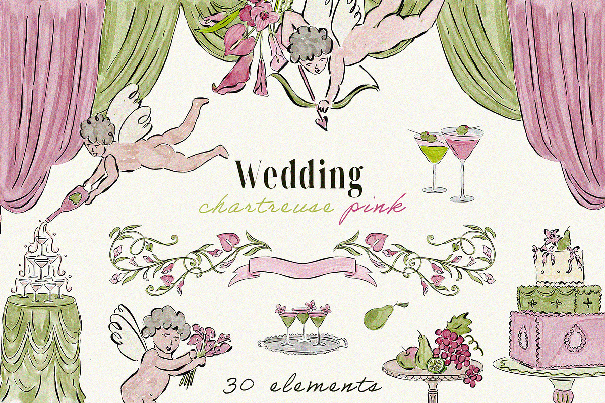 Chartreuse & Pink Wedding Clipart, an Object Illustration by Teresa Art Store (Photo 1 of 7)