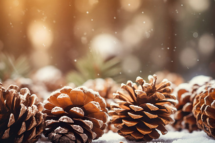 Snow-Dusted Pinecones in Winter Forest, a Nature Photo by Iconogenic