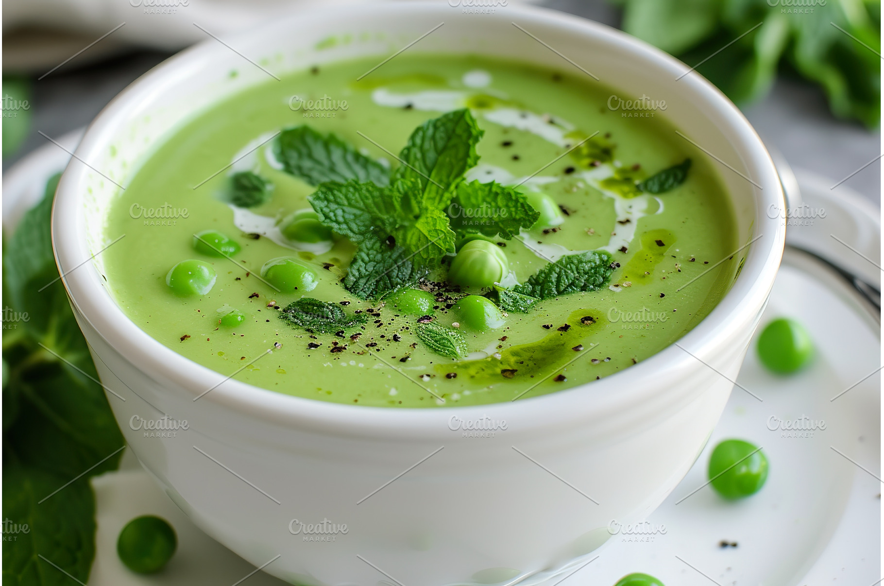Fresh creamy pea soup garnished with, a Food & Drink Photo by Lermont51