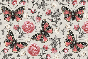 Seamless Flowers Roses Butterflies