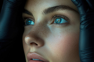 A close-up portrait of a young woman esthetic technologist with striking blue e, a Person Photo by Textures & Backgrounds