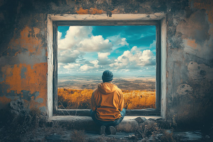 Picture editor. A person in a yellow hoodie sits in front of a large window, ga, a Person Photo by Textures & Backgrounds