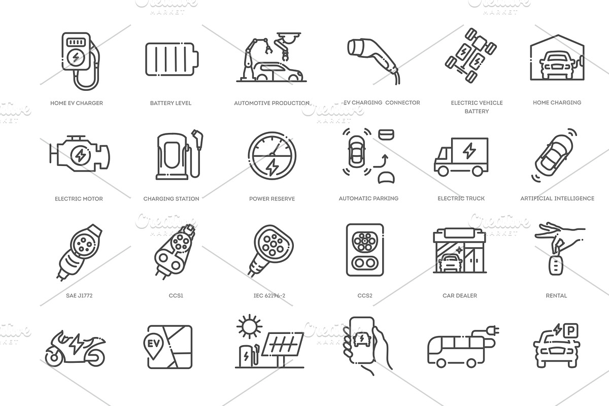 Electric Vehicle Charging Line Icons, an Outline Icon by Tettygreen (Photo 2 of 2)