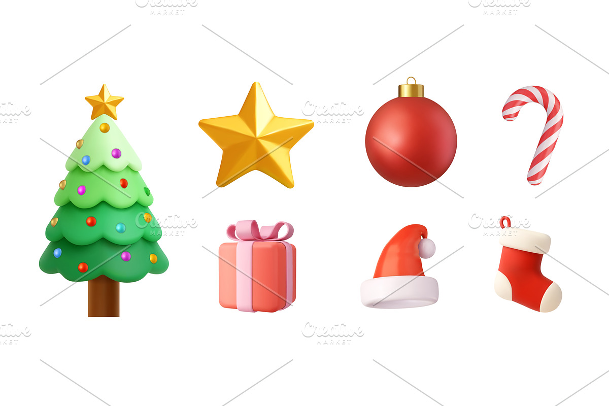 3D Christmas icons set with tree and, an Object Illustration by ModVector