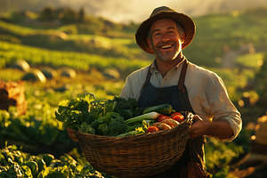 A cheerful farmer holding a basket of fresh vegetables in a lush green field du, a Person Photo by Textures & Backgrounds