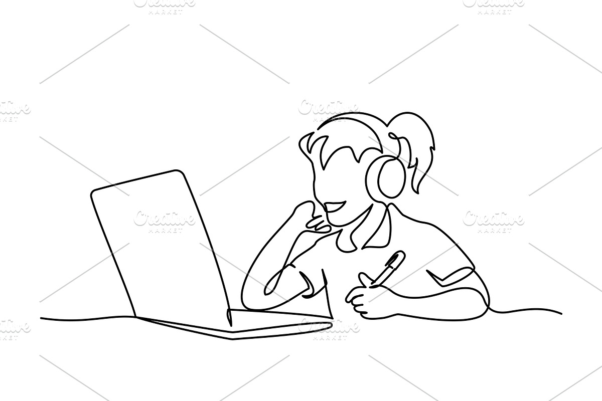 Happy girl using laptop for, a Person Illustration by Valenty