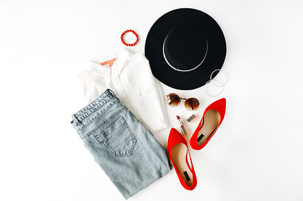Clothes & accessories collage containing blouse, jeans, and sunglasses, a Beauty & Fashion Photo by Floral Deco