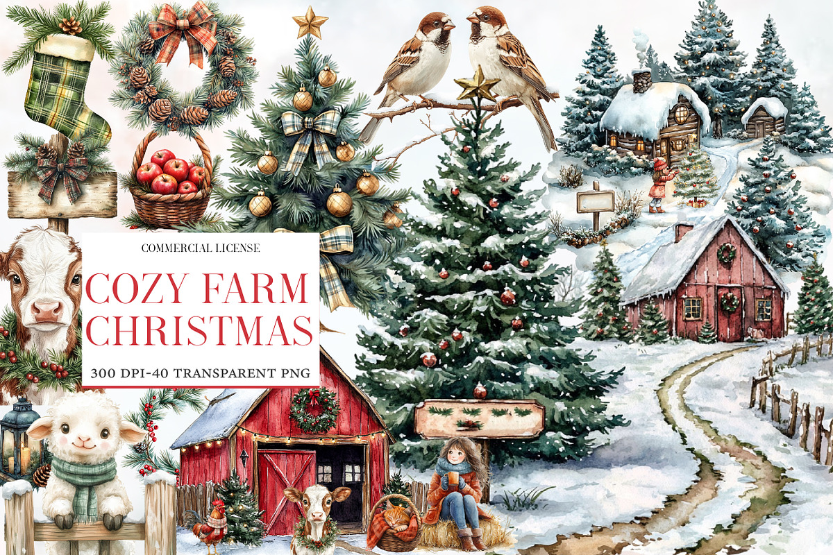 Cozy Farm Christmas watercolor clipa, an Illustration by Designworld (Photo 1 of 6)