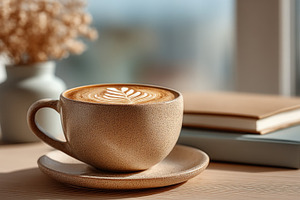 Latte Art Coffee Cup with Books in Warm Sunlit Reading Corner, a Food & Drink Photo by José Manuel Gelpi