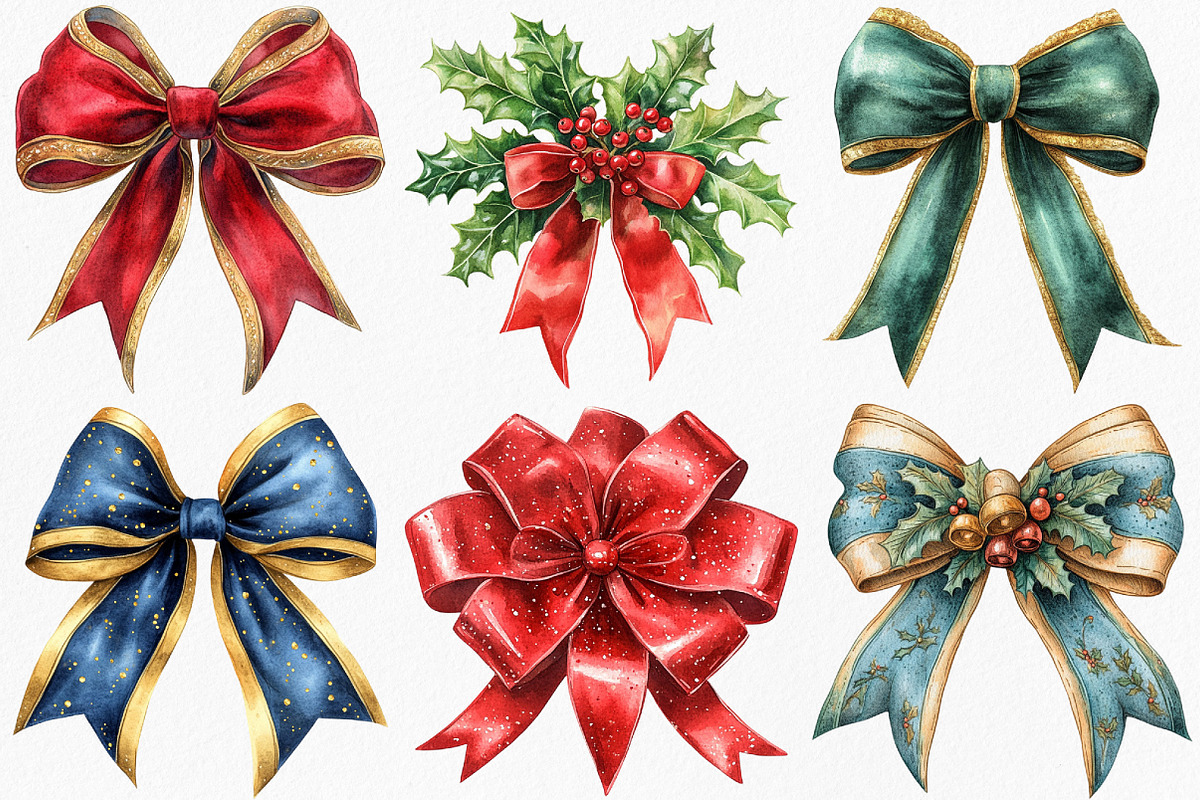 Watercolor Christmas Bow Clipart, an Illustration by Canvas Craft (Photo 3 of 8)