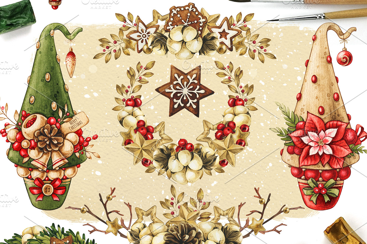 Vintage Christmas watercolor clipart, a Decorative Illustration by Color and Decor (Photo 3 of 7)