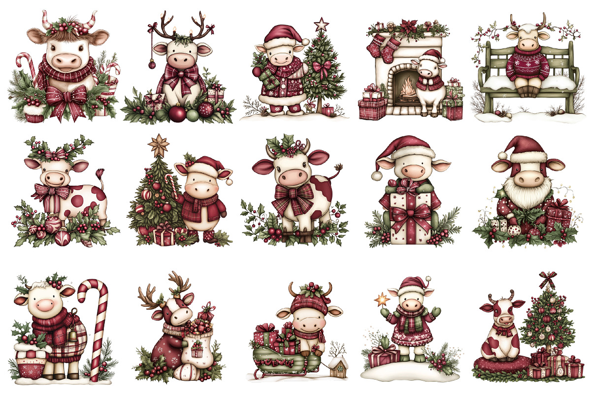 Cute Christmas Cows Clipart, an Illustration by designcity5 (Photo 2 of 5)