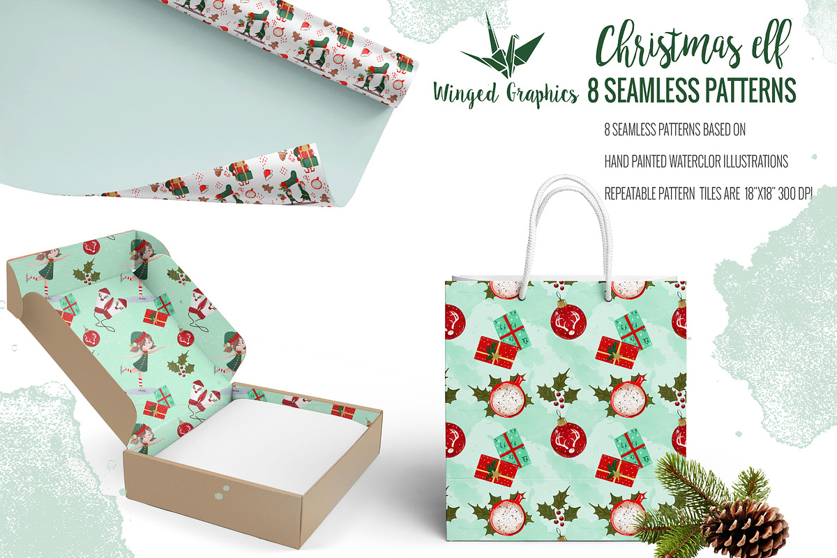 Christmas elves seamless patterns, a Seasonal Illustration by Winged Graphics (Photo 2 of 4)
