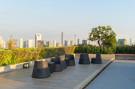 Sky garden on private rooftop of condominium or hotel, high rise, a Background Photo by Tampatra