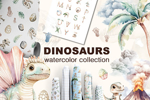 Watercolor dino. Patterns, Clip Art