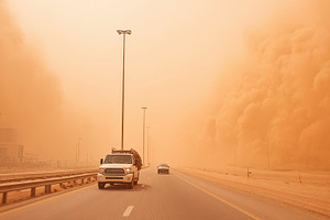Cars on highway with approaching dust storm, a Transportation Photo by AlyaAnd