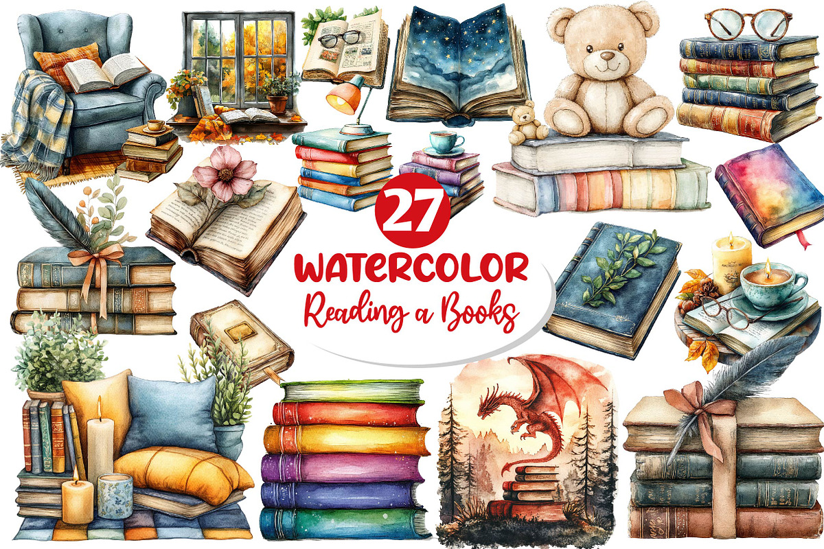 Watercolor Reading Books Clipart, an Illustration by Dream Creation (Photo 1 of 4)