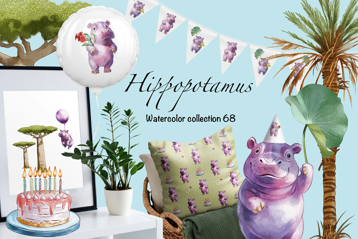 Birthday Hippo – Watercolor Clipart, an Illustration by IrynaPanashii (Photo 1 of 9)