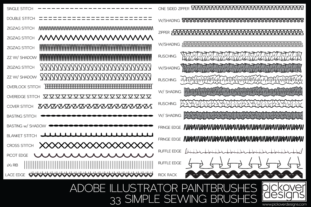 33 Simple Sewing Brushes-Illustrator, a Brush Add-On by Pickover Designs (Photo 2 of 3)