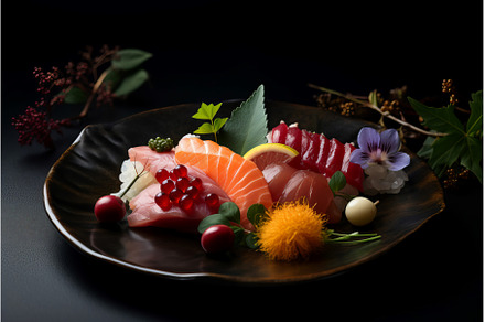 Asian flowers and food on black, a Food & Drink Photo by Ylivdesign