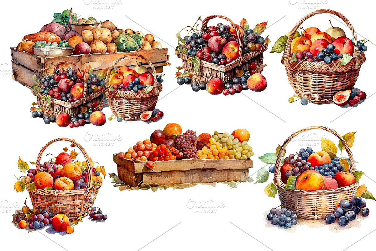 Farmer's market, watercolor clipart, a Food Illustration by AkvarelRiver (Photo 5 of 7)