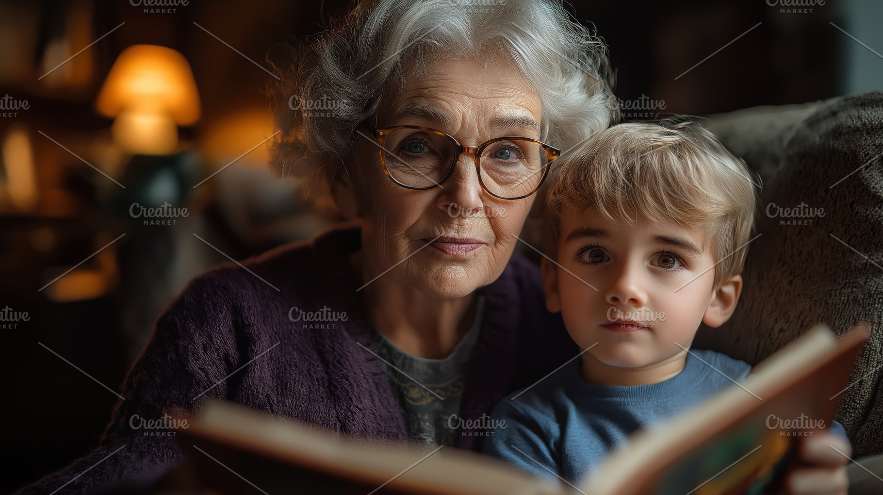 A thoughtful elderly woman with gray hair and glasses reads a story to a young, a Person Photo by ImageMir