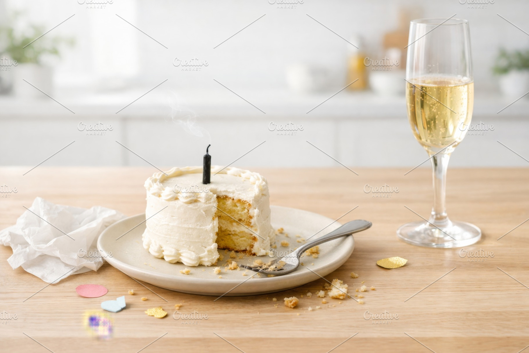 Cake with single candle and champagn, a Photo by Dvoevnore photos