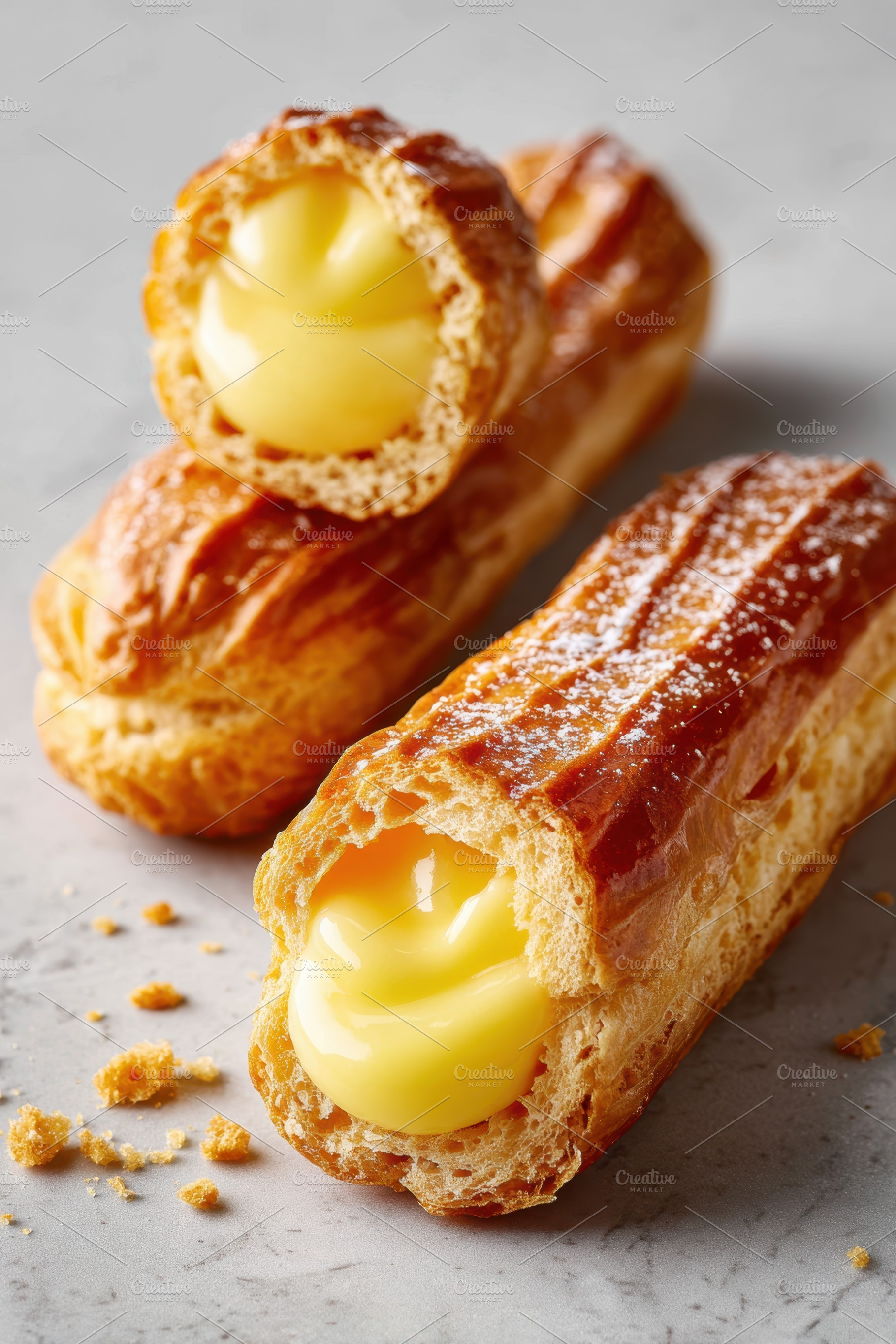 Delicious eclairs with creamy custard filling, a Food & Drink Photo by AlyaAnd