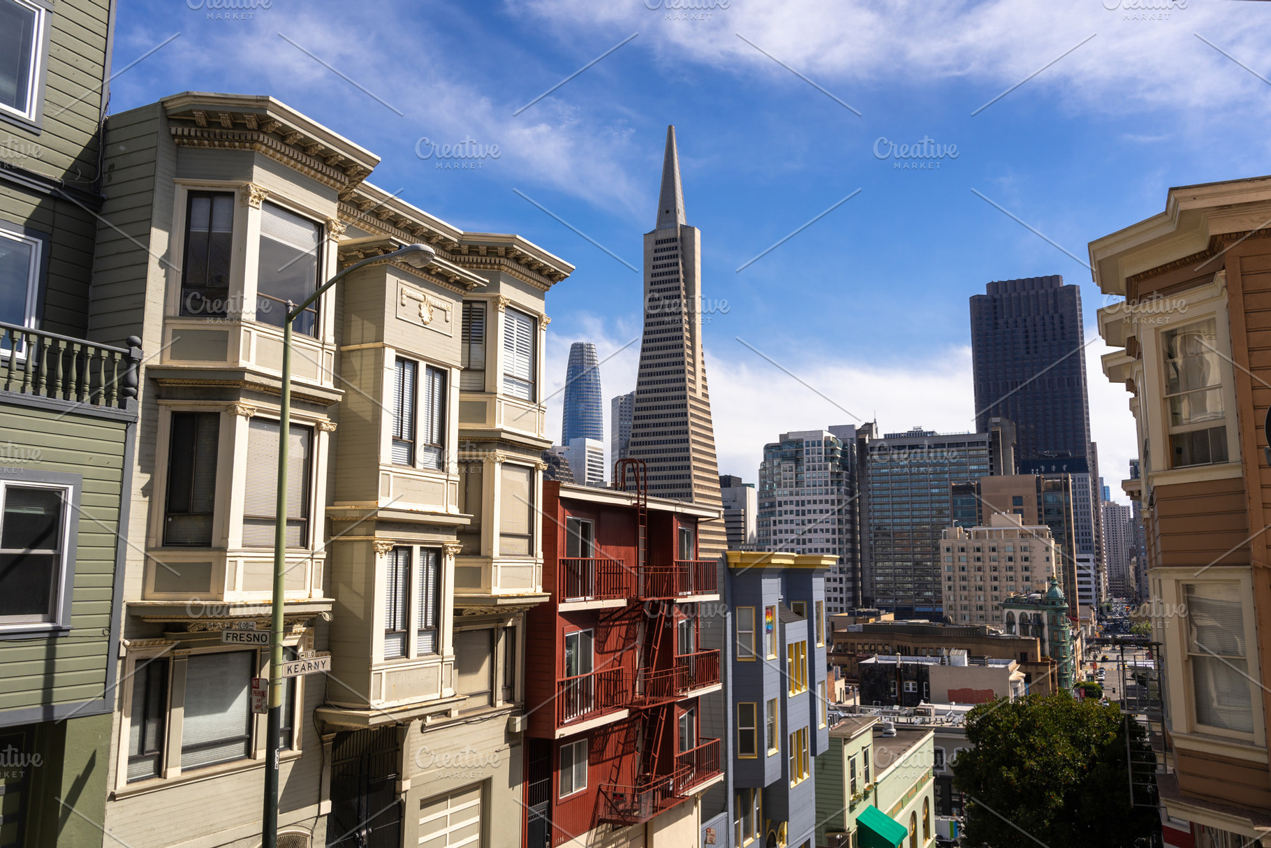 Steep street view with downtown skyline in San Francisco, USA, an Architecture Photo by GoodGoods