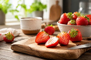 Fresh strawberries on wooden table, a Photo by Beautiful things