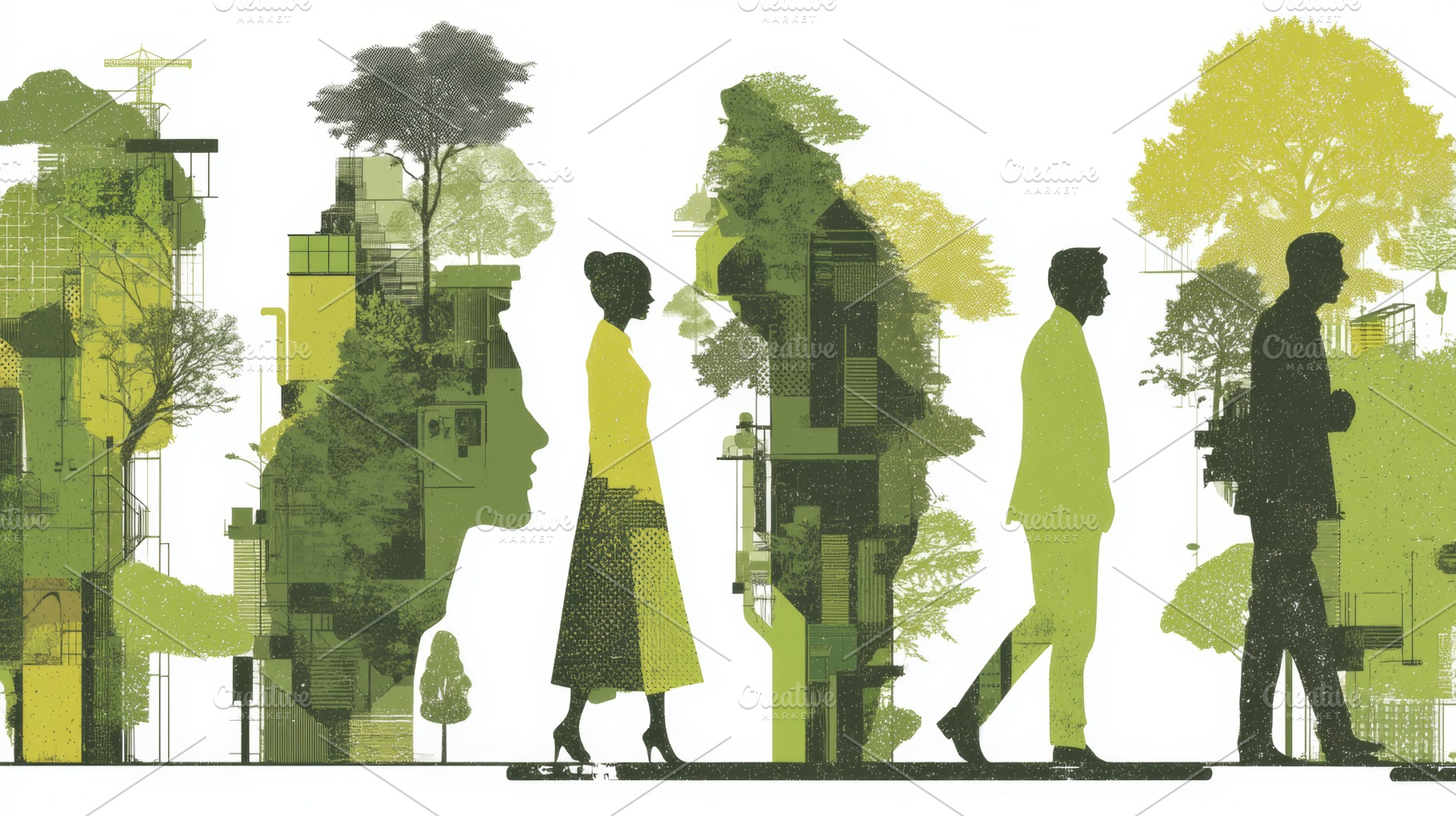 Ecology and business people in green urban silhouettes illustrating sustainabil, a Photo by AS photostudio
