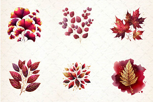 Burgundy And Gold Watercolor Leaves