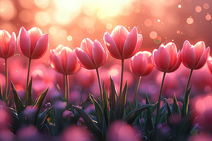 Pink tulips blooming in a dreamy spring garden at sunset with gl, a Nature Photo by José Manuel Gelpi