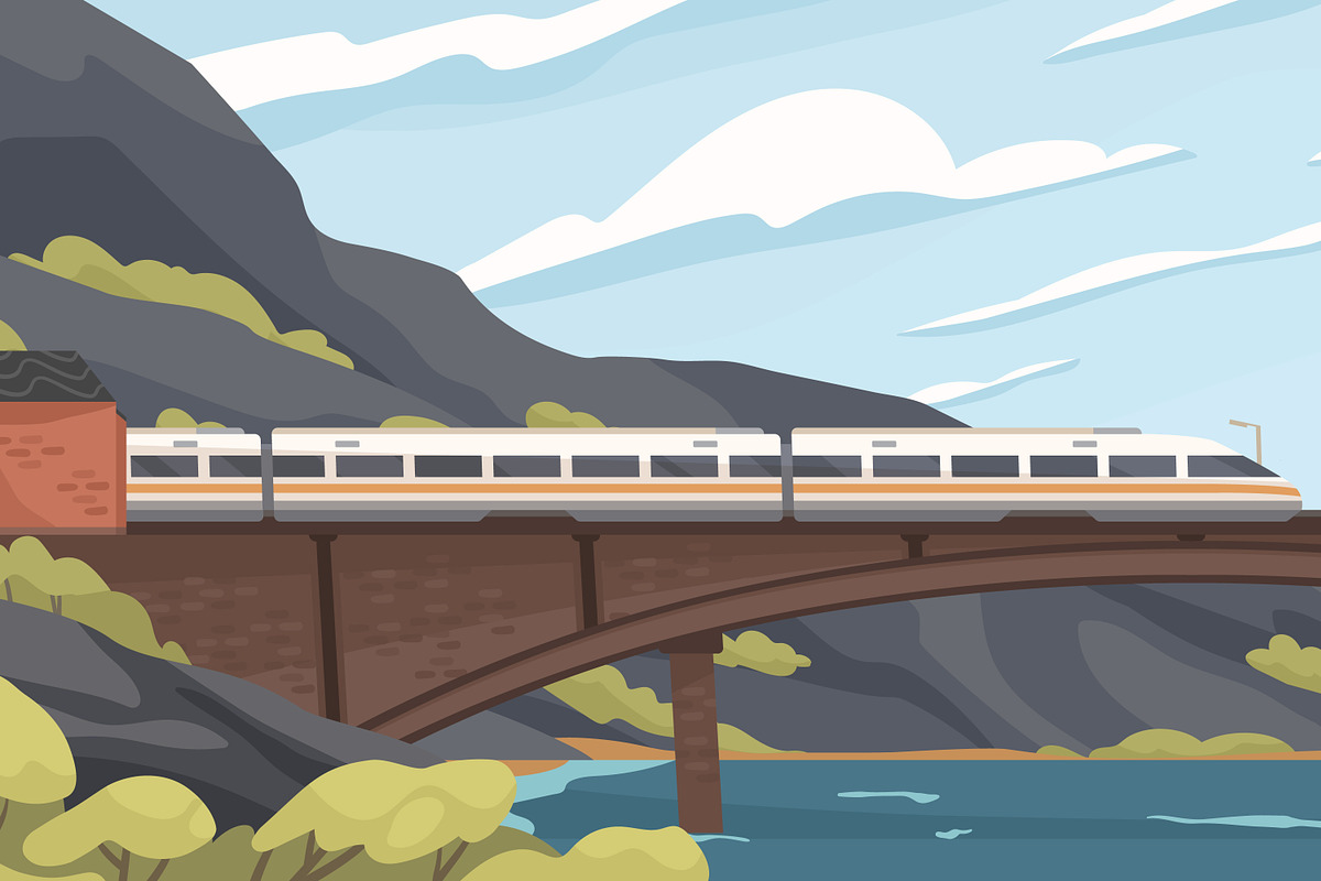 Railway bridge with train landscape, a Transportation Illustration by Good Studio (Photo 2 of 3)