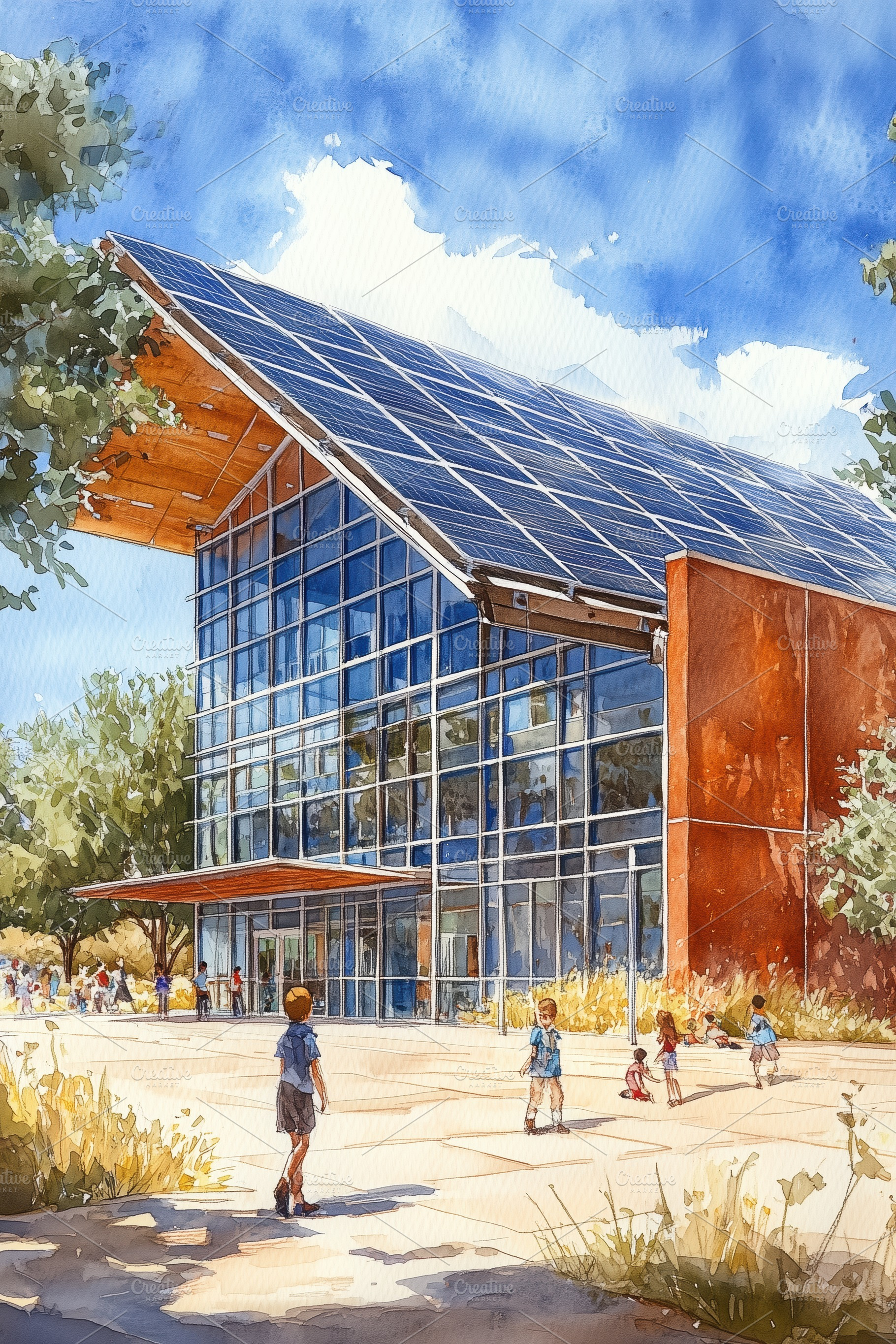 A modern building with a large solar panel roof, surrounded by trees and people, a Transportation Photo by Textures & Backgrounds