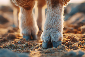 Close-up view of sheep hooves on sandy ground during sunset in a rural landscap, an Animal Photo by AlyaAnd