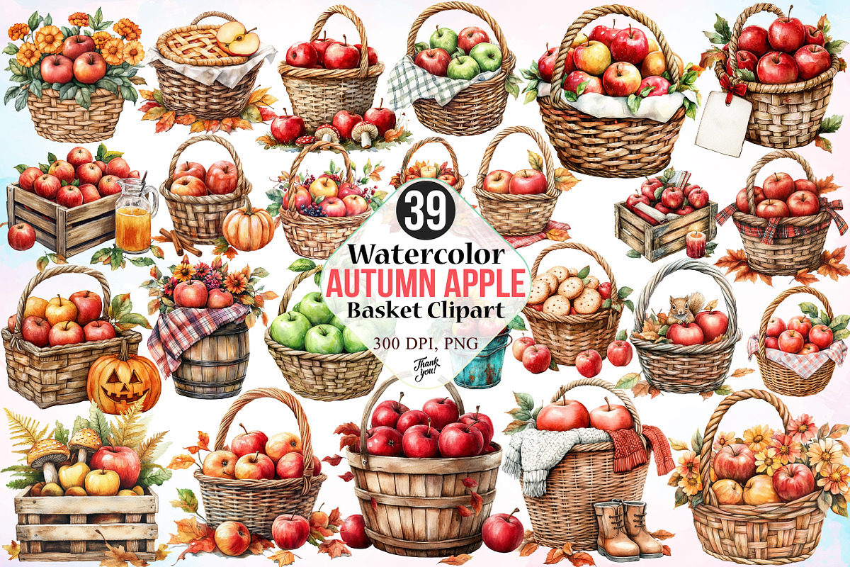 Watercolor Autumn Apple Basket PNG, a Seasonal Illustration by Canvas Craft (Photo 1 of 6)